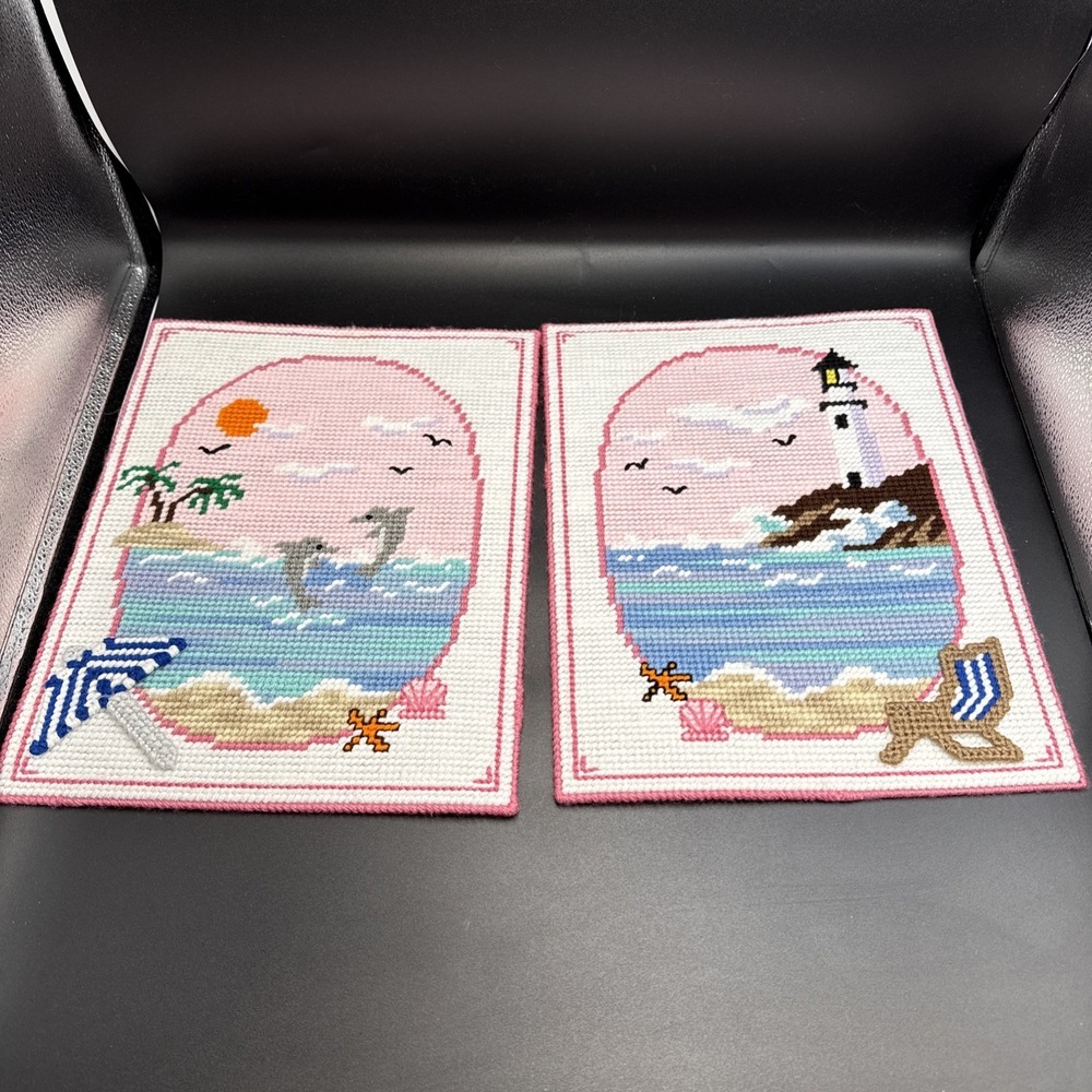 Pink Coastal Cross Stitch Wall Panels - Pair